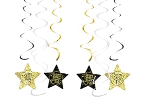 Oblique Unique® Happy New Year Wirbel Spiral Deckenhänger Girlande Set mit Sternen für Silvester Neujahr Party Feier Deko Schwarz Silber Gold