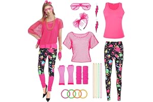 CHMMY Déguisement Année 80 Femme Legging Gilet T Shirt Résille Accessoire Annee 80 Femme Jambières Bracelets Collier Bandeau Boucles d'Oreilles Lunettes Gants pour Carnaval 80s Thème Soirée