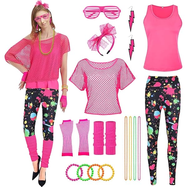 Costume Fitness Anni '80 Per Donna – Set 6 Pezzi Colorato, Tuta Yoga Retrò Con Fascia, Polsini E Leggings, Per Feste E Palestra