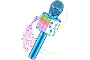 Wowstar Karaoke Micrófono Bluetooth, 5 en 1 Micrófono Inalámbrico con Luces LED para Niños Adultos Canta Partido Musica, Compatible con Android/iOS PC AUX o Teléfono Inteligente (Azul)