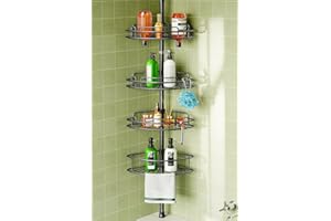 HAMITOR Telescopic Shower Caddy Corner Storage: No-Drill Stainless Steel Bathroom Shelves Organizer, 119-307 cm Large Capacity 4 Tier Adjustable Shelf Tension Pole for Home Renters Apartment - Black