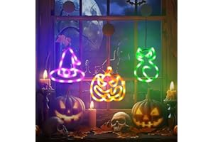 Bilivry Halloween Decorative Neon Lights, 3 Pack Pumpkin, Cat and Witch Hat with Suction Hooks Halloween Window Lights for Indoor Outdoor Hanging/Placing Home Halloween Decoration