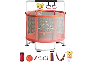 LUOJUNY Trampoline de Jardin Ø150cm, Trampoline Extérieur et Intérieur avec Filet de Sécurité, Jouet de Trampoline Réglable pour Bébé avec Casquette de Basket - Ball, Balançoire, etc. Charge Maximum 200 kg
