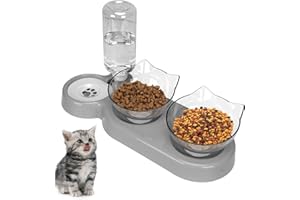 TOWEAR Tilted 15° Cat Bowl, Detachable Adjustable Cat Food Bowl with Stand, Cat Floating Water Bowl with Gravity Water Feeder, Anti-spill Pet Food Feeding Bowl for Cat and Puppy (grey)