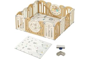 Gcarebb Parc Bebe Avec Tapis D'éveil, XXL Parc Enfant Pliable Modulable, Verrouillage de Sécurité, Forme Réglable, Rangement Pliable, Antidérapant, Barriere Bebe (14 16 18 Panneaux)