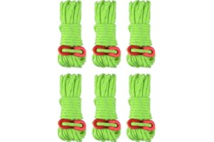 TRIWONDER Reflective Guy Ropes with Tensioners 4mm Guide Ropes 4m Tent Guy Line Cord Tent Paracord Nylon Camping Rope for Tent Tarp (Fluorescent Green - 6 Pcs)