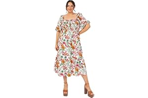 Lovedrobe Damen Women's Midi Ladies Short Puff Sleeves Square Neckline Floral Ruffle Frill Shirred A-line Milkmaid Summer Smock Dress