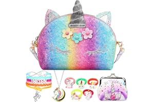 RHCPFOVR Licorne Sac a Main avec Bijoux Enfants Fille, 5Pcs Unicorn Collier Bracelet kit Bijoux pour Cadeau Anniversaire de Fête