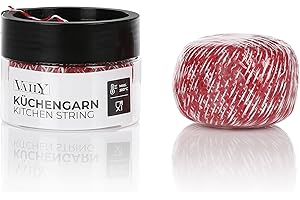 Vaily Hilo de cocina – Cuerda resistente al calor para carne, aves de corral y más en caja dispensadora con 2 rollos de 100 m de hilo para cocinar, color rojo y blanco