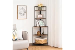 APICIZON 5-Tier Corner Shelf, Industrial Corner Bookshelf with Metal Frame, Corner Storage Rack Plant Stand for Living Room, Bedroom, Balcony, Rustic Brown, 42 x 42 x 151 cm