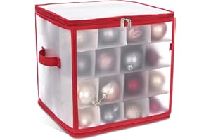 Christmas Village Bauble and Decoration Storage Cube with Padded Dividers for 64 Xmas Ornaments – Heavy Duty Folding 4 Layer Holder with Separators, Zipped Lid and Handles (Red)
