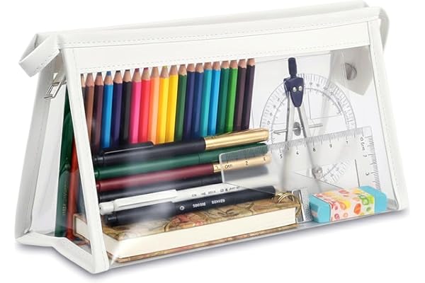 GLUN Stationary Transparent Pouch with Zipper Closing for Girls & Boys,Pouch for School,Collage,Office,Cosmetic Use Bag for Women,Multi-Purpose Bag,White