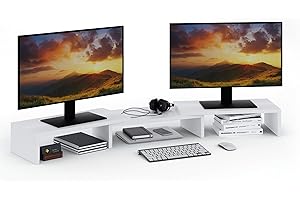 ComfortCove Podwójny stojak na monitor, Organizer na biuro, Stojak na laptopa, Podstawka pod komputer, 3 półki, Regulowana długość, Idealny do domowego biura, Biały