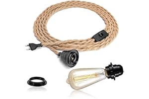 FRIDEKO HOME Zestaw lamp wiszących z włącznikiem – kabel do lampy w stylu vintage z skręconą linką konopną o długości 4,5 m, gwint E27, montaż typu "zrób to sam", wisząca lampa do gospodarstwa