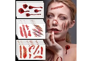 TENUEVO Halloween Tattoo Narben 10 Bogens, Halloween Wunden Scars Realistische Motive Aufkleber Wasserdichte Temporäre Tattoos,Gesicht Aufkleber mit gefälschten Scab Blut Spezial Fx Kostüm Makeup Stützen