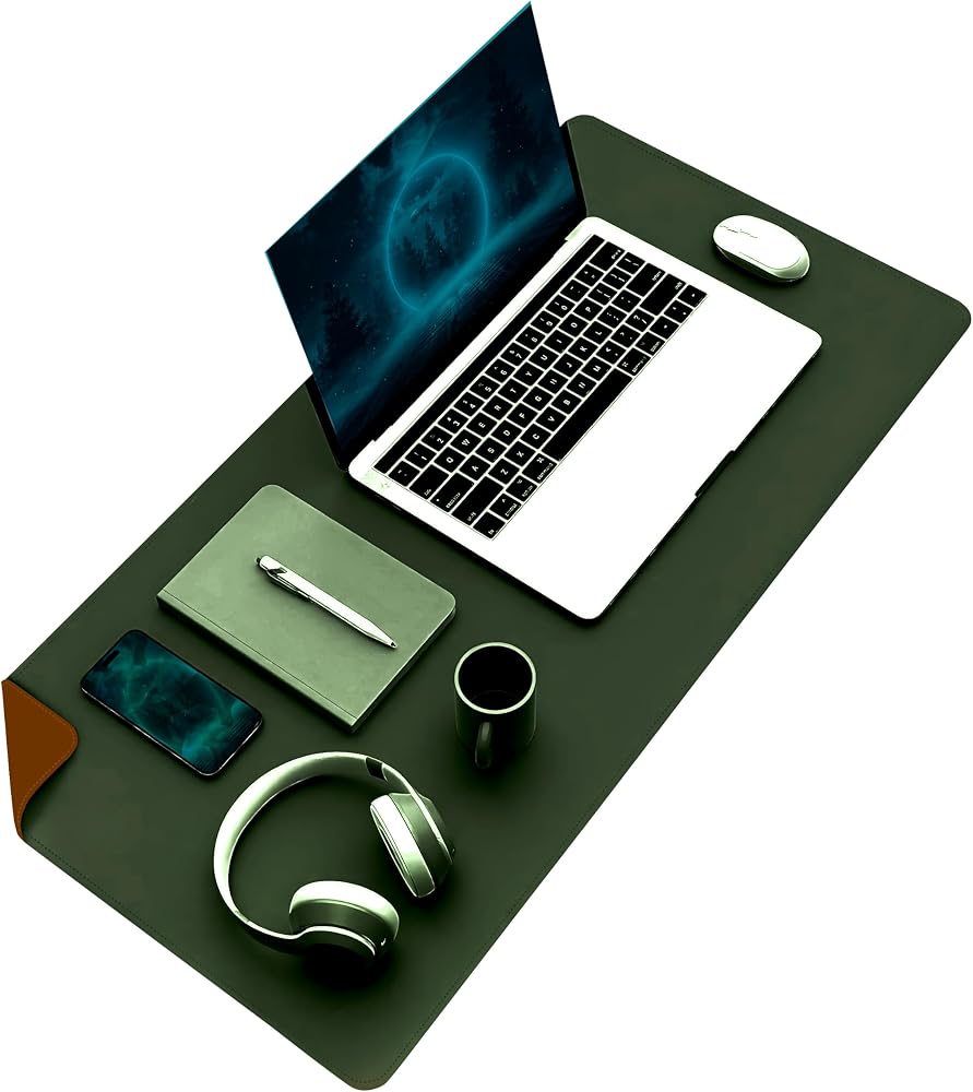 Klasse Çift Renk Dikişli PU Deri Masa Matı 80x40 Cm Mousepad, Su Geçirmez Masa Sümeni, Çift Taraflı Kullanım, Dizüstü Bilgisayar/Ofis/Ev için, Kaymaz Taban (Koyu Yeşil Ve Taba)