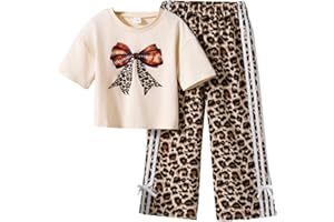 GENERIC Clothing Set Kids Girls Cute Cartoon Bow Tie Crewneck Short Sleeve T Shirt and Leopard Print Wide Leg Trousers Girls Outfits 2 Piece Loose Summer School Casual Age 8-13 Years