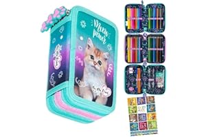 Goldkids - Federmäppchen 3 Fächer - Mäppchen für Mädchen und Jungen - Federmappe 3-Fach Federtasche 44-teilig Gefüllte Schüleretui Hausaufgabenheft- Katze Motiv