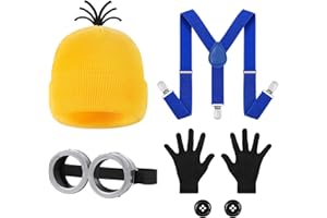BSBUY Minion Costume Accessori, 5 Pezzi Giallo Costume Set per Cosplay, Accessori per Costumi Giallo Adulti Bambini, con Occhiali Cappello Guanti, Animato Costumi Accessori per Halloween Carnevale