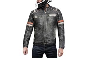 Fashion_First Men's Cafe Racer Retro Biker Vintage Distressed Black Genuine Leather Motorcycle Jacket