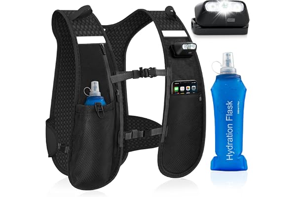 Nextyu Gilet Hydratation Running Femme Homme, Gilet Course à Pied Léger Réfléchissant avec Gourde Souple 500 ML, Lampe LED, Poche Téléphone, Bretelles de Poitrine Réglables pour Randonnée Trail