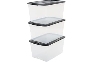 Iris Ohyama, Juego de 3 cajas de almacenamiento, 45 L, con cierre a presión, apilable, sala de estar, dormitorio, garaje - Top Box TB-45 - Transparente / Negro