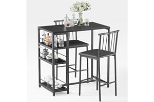 Xbro Tavolo da Bar con 2 Sedie Imbottite, Set 3 Pezzi Tavolo da Pranzo con 3 Ripiani e Porta Bottiglie, Tavolo Salvaspazio per Cucina, Soggiorno e Sala da Pranzo, Nero