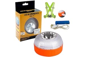 MAGIC SELECT V16 Emergency Light, DGT Approved for Car and Motorcycle Road Signs. Flashing Yellow and Fixed White Light with Automatic Ignition, Magnetic Base and Rechargeable Battery. Reflective strips included.