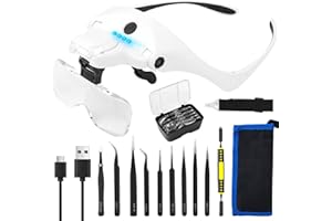 ‎CUTEEFUN Cuteefun Lupa przednia, okulary powiększające z 4 diodami LED, 2 poziomy jasności, 5 soczewek 1-3,5X, regulowany kąt soczewek i kąta światła, szkło powiększające do naprawy, zrób to sam