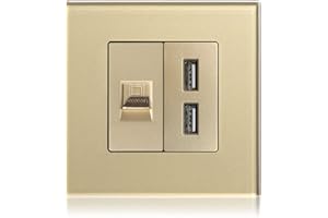 BSEED PC + 3.1A USB Crystal Frame RJ45 Cat5E Prise murale Ethernet et 2 prises de charge USB - Doré