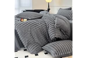 Covebett Plüsch Bettwäsche 135x200 Grau Dunkelgrau Winter Warm Shaggy Cashmere Touch Flauschig Plüschbettwäsche Gestreift Felloptik Luxus Wende Bettbezug Reißverschluss und Kissenbezug 80x80 cm