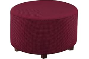 CLGTY Round Ottoman Slipcovers,Jacquard Stretch Footstool Protector With Elastic Bottom Small Checks Foldable Footrest Covers Soft Washable Furniture Protector For Living Room-Wine red-M