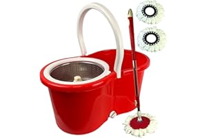 EASY SHOPPING Spin Mop Bucket Set with Spin 360 Wringer and 2 Microfibre Mop Pad Head Telescopic Easy Press Handle with Spin Dry Cleaning Caddy Set-Microfibre Home Cleaning Clean Floor (Red)