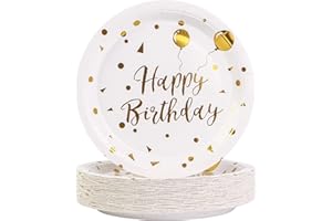 AHPYEUHK Piatti Carta 50 Pezzi Stoviglie per Feste 17,8cm Usa e Getta Rotondi Piatti in Carta per Compleanno, Festa, Matrimonio (white-birthday)