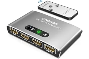 VWRHAR HDMI Switch 3 IN 1 OUT Aluminum HDMI Splitter with Remote HDMI Switcher Supports 4K 3D HD Monitor Wireless Remoter Control Compatible with PS5/PS4/PS3, Laptop/PC DVD Blu-Ray Xbox Roku TV/HDTV