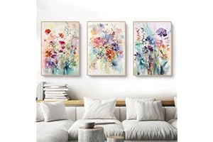 Herfair Bilder Wohnzimmer 3er Set, Bunt Blumen Poster Schlafzimmer Wandbilder, Stilvolle Aesthetic Deko Leinwand Bilder, Ohne Rahmen Wanddeko Poster (50 x 70 cm)