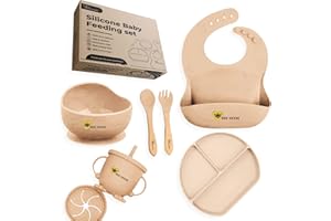 BEE KIDDIE Baby Weaning Set,Silicone Suction Bowl Plate, Cup with lid, bib and Spoons. It's Essential Munchkin/Toddler Bowls for Childrens kit.7pcs kit for Your Babies.Eco Friendly BPA Free. UK Brand