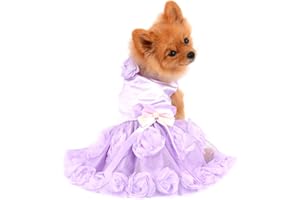 PAIDEFUL Robe pour Petit Chien Vêtements pour Chats Filles d'été Luxe Robe de Mariée Jupe Tutu en Dentelle à Fleurs Violets Soyeux Bowknot Robe de fête d'anniversaire Chiot Chihuahua Jupe Violet XL
