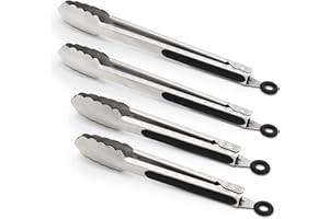 ALLWIN-HOUSEWARE W 304 Stainless Steel Kitchen Cooking Tongs, 9" and 12" Set of 4 Sturdy Grilling Barbeque Brushed Locking Food Tongs with Ergonomic Grip, Black