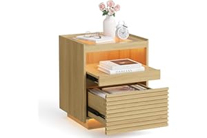 ‎VASAGLE VASAGLE Stolik nocny z oświetleniem LED, stolik pomocniczy, wysuwana półka, oświetlenie górne regulowane w 3 kolorach, oświetlenie dolne z czujnikiem ruchu, dąb naturalny LET614Y70