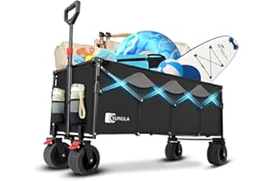 Sunula 400L Folding Festival Trolley, 440LB Capacity Heavy Duty Collapsible Beach Wagon with Big All-Terrain Wide Wheels, Drink Holders, Brake, Foldable Outdoor Cart for Garden Camping, Black Grey