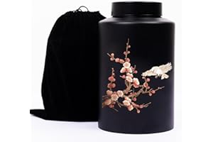 Ruccit Urn for Ashes Adult Large Black Memorial Decorative Cremation Ashes Urn Plum Blossom Bird Pattern Funerary Coffins Urn for Human Pet Dog Cat Ashes with Black Velvet Bag