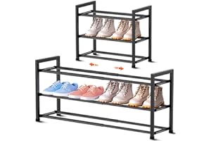 Bumusty 3-Tier Expandable Shoe Rack for Closet, 46cm*84cm Adjustable Shoe Rack for Small Space, Small Shoe Organizer for Front Door, Sturdy Metal, Black