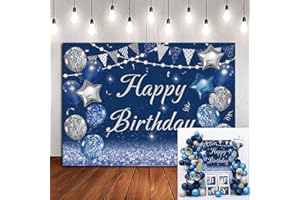 WANGRJ Toile de Fond Bleu Marine avec Inscription « Happy Birthday » et Ballons en Argent à Paillettes pour Adultes, Hommes et Femmes - Décoration 7x5ft, Bleu
