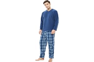 iceBoo Mens Fleece Pyjamas Set V-Neck Long Sleeve Top & Checked Plaid Bottom suit with Side Pockets