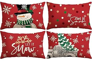 Artscope Zestaw 4 czerwonych świątecznych poszewek na poduszki 30 x 50 cm zima, Boże Narodzenie, dekoracyjna poszewka na poduszkę na sofę, salon, dekoracja świąteczna (czerwony – bałwan i ciężarówka