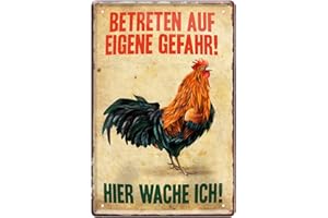 HELGES-SHOP Hier wache ich Hahn Gockel Blechschild - Vintage Style Retro Deko Metallschild - Schild für Hühnerstall Hühnerhof Hühnerfarm - Geschenk für Hühnerhalter - Hinweisschild Warnschild - 20x30cm