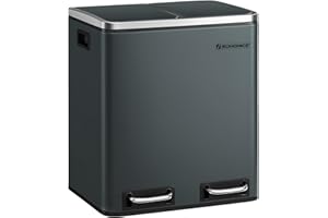 SONGMICS Poubelle Cuisine, 2 x 15L, Poubelle Tri, avec Pédale, 2 Compartiments, 15 Sacs Poubelles, Seaux Intérieurs, Couvercles en Douceur, en Acier, Gris Verdâtre LTB30GS