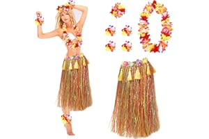 SATISKID 7 Stück Hawaii Girlanden Hula Gras Rock Set, Inklusive Hawaii-Girlanden, Stirnband, Armband, Fußkettchen und 80 cm langem, verdicktem Grasrock, Tropische Luau Party Strand Fancy Dress Pack