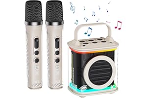 Mini Karaoke Machine with 2 Wireless Microphones, TONOR Portable Bluetooth Karaoke Speaker for Kids Adults with Microfono Mic and Colorful LED Lights, Girls Boys Present Child Home Singing Party Beige